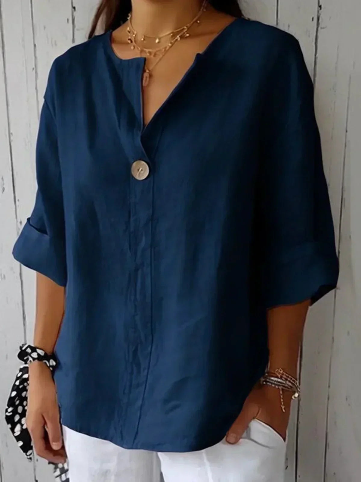 Button-Down Blouse for women - V-Neck Roll Sleeve - Oversized Relaxed Fit - Image 3