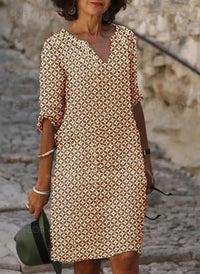 V-Neck Midi Dress for women - 3/4 Sleeve A-Line - Casual Button Front Print - Image 4