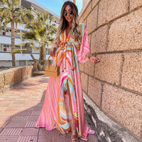 Boho Maxi Dress for women - Split Thigh V-Neck Long Sleeve - Drawstring Waist Button Front - Image 1