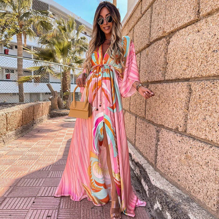 Boho Maxi Dress for women - Split Thigh V-Neck Long Sleeve - Drawstring Waist Button Front - Image 1