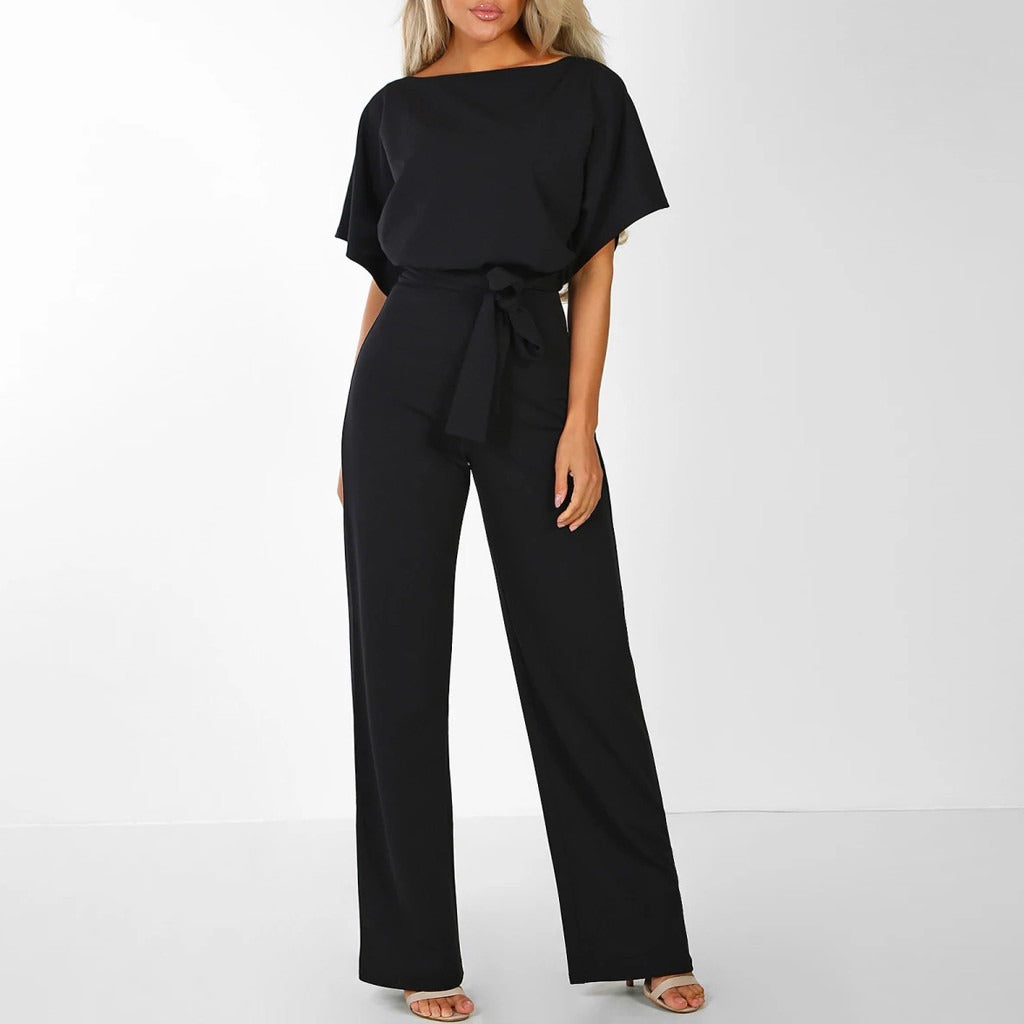 Wide Leg Jumpsuit for women - Belted Short Sleeve - Keyhole Back High Waisted - Image 4