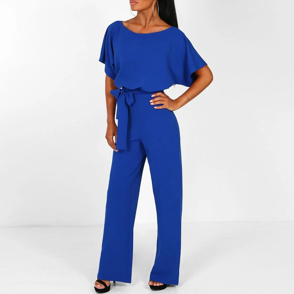 Wide Leg Jumpsuit for women - Belted Short Sleeve - Keyhole Back High Waisted - Image 5