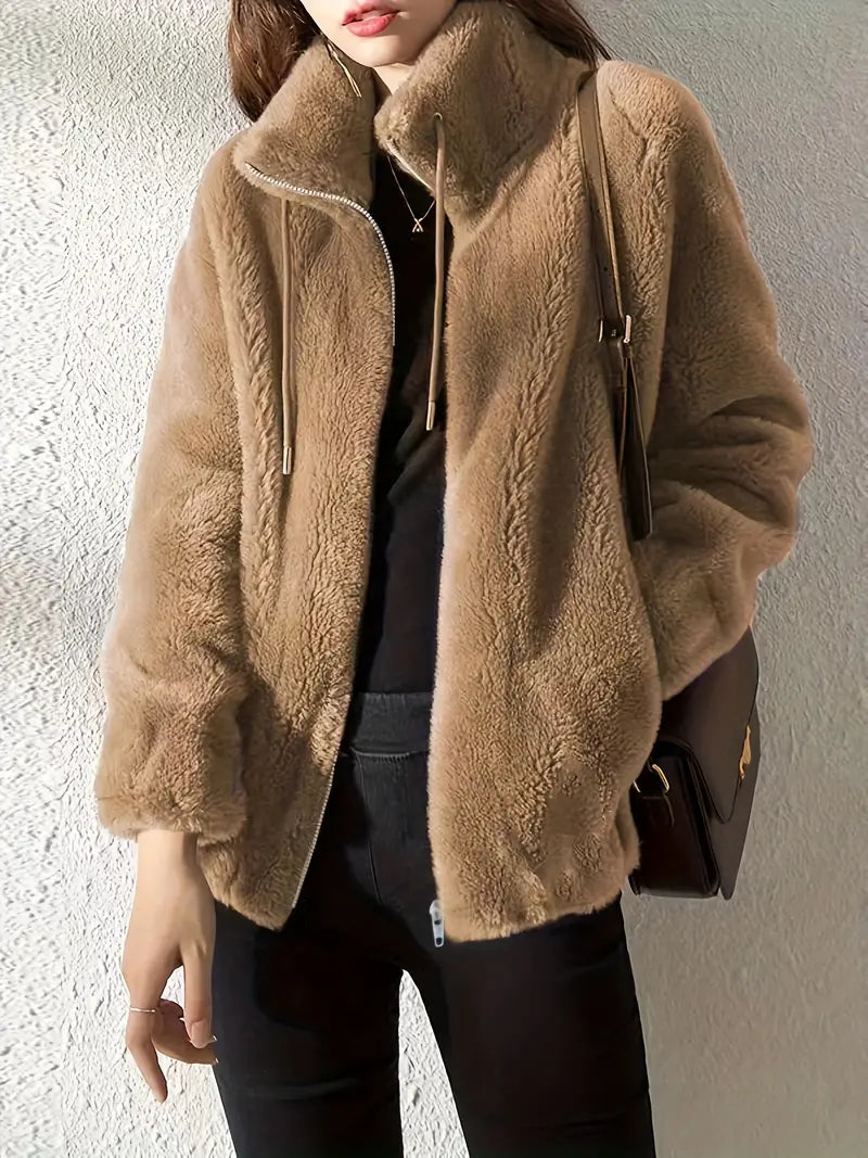 Faux Fur Zip-Up Jacket for Women - Long Sleeve - Image 2