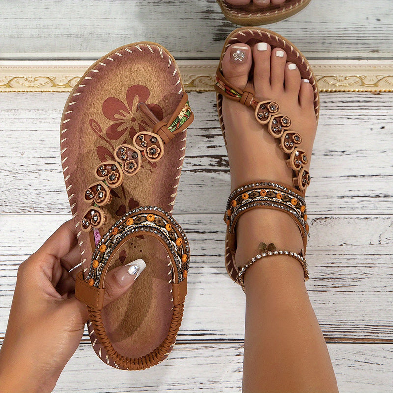 Bohemian Thong Sandals for Women - Ankle Strap Beaded - Image 1