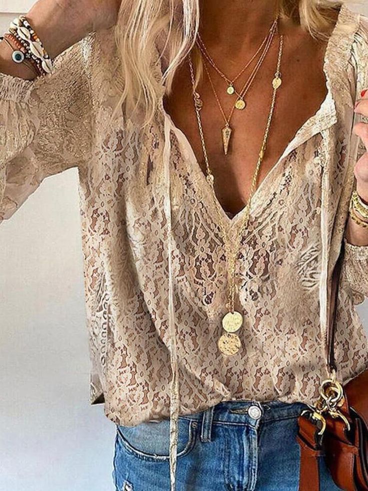 Lace Boho Blouse for women - Long Sleeve V-Neck Tie Neck - Relaxed Fit Ruffled Sleeve - Image 1