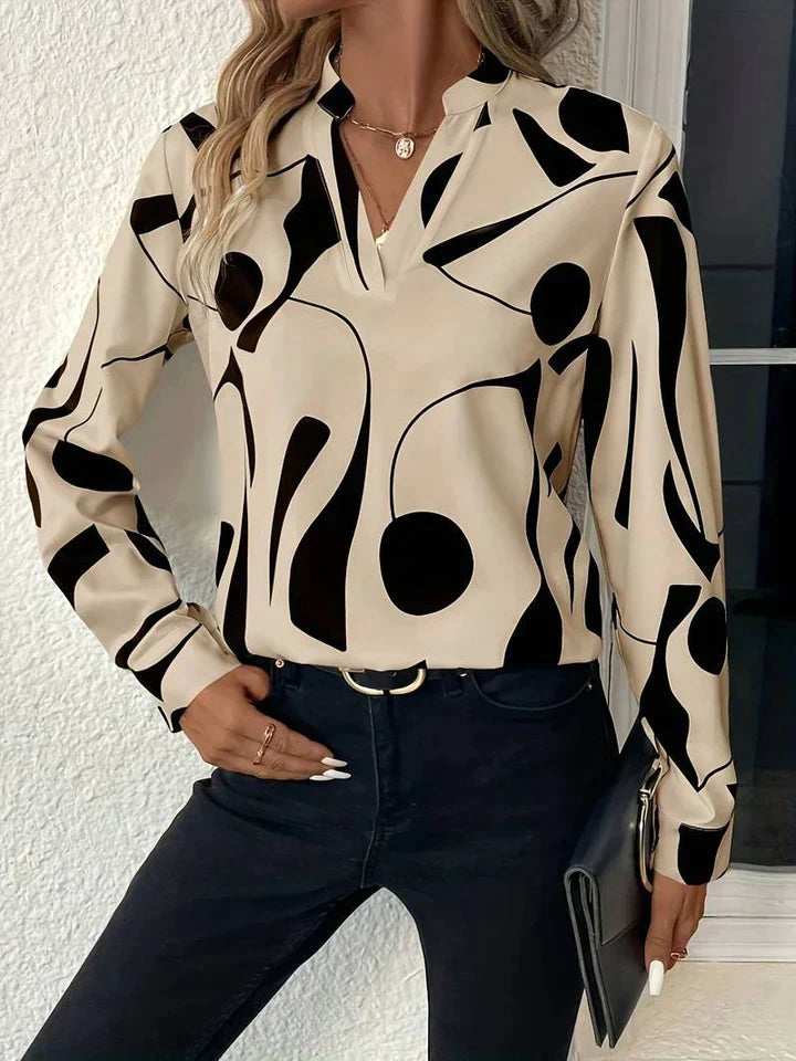 Printed V-Neck Blouse for Women - Long Sleeve - Image 1