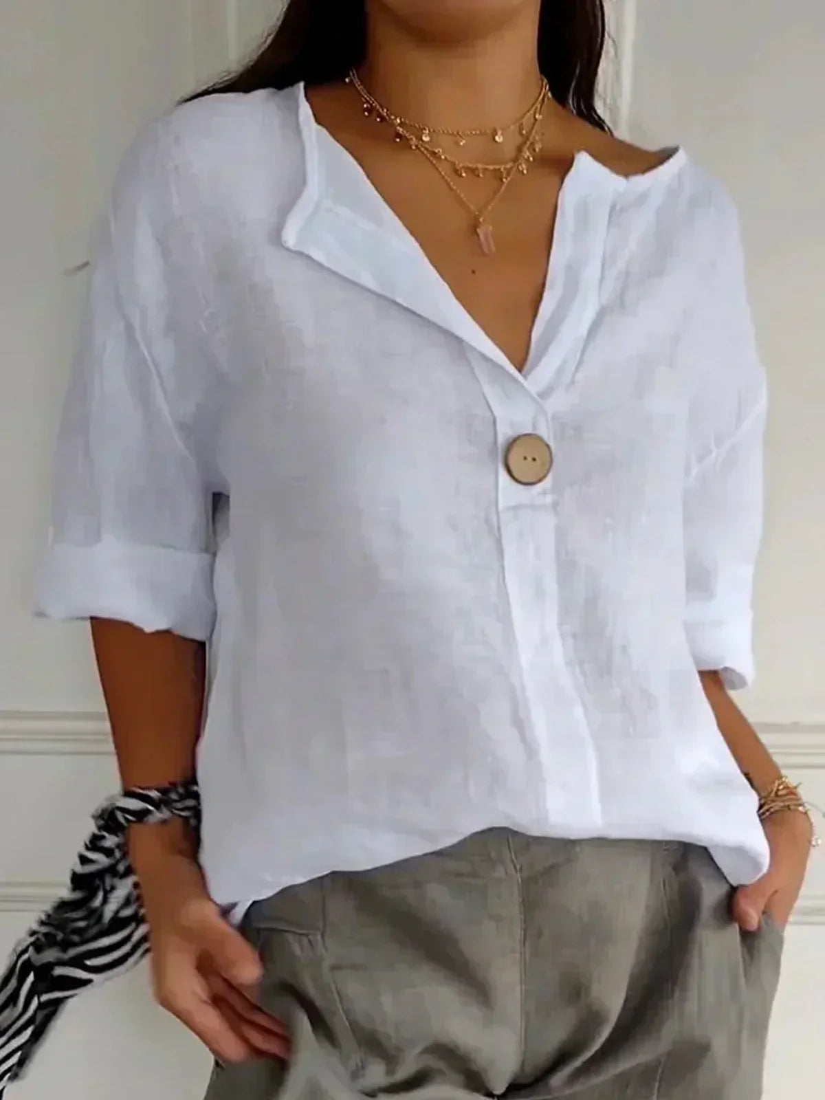 Button-Down Blouse for women - V-Neck Roll Sleeve - Oversized Relaxed Fit - Image 2