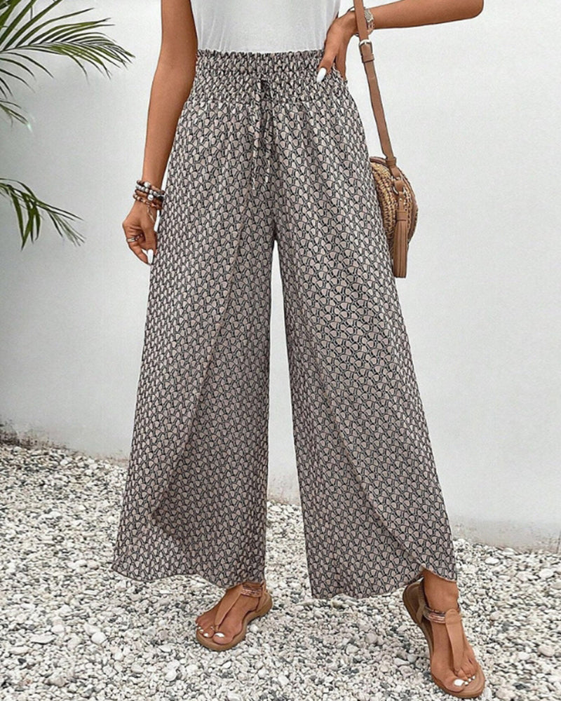 Wide Leg Palazzo Pants for women - High Waisted Elastic Waist Drawstring - Relaxed Fit Printed - Image 1