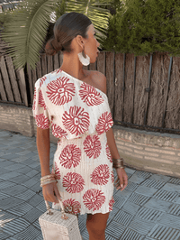 Floral Print One Shoulder Mini Dress for women - Smocked Waist - Short Sleeve - Image 1