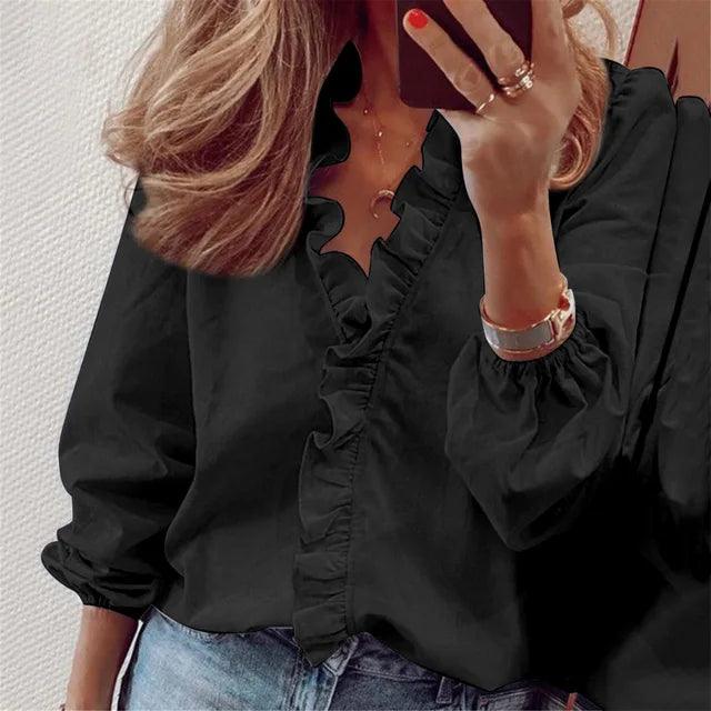 Ruffle V-Neck Blouse for women - Long Sleeve Balloon Sleeve - Button Front Relaxed Fit - Image 3