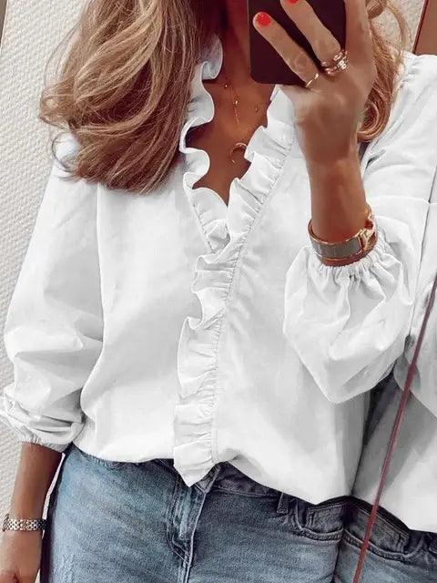 Ruffle V-Neck Blouse for women - Long Sleeve Balloon Sleeve - Button Front Relaxed Fit - Image 4