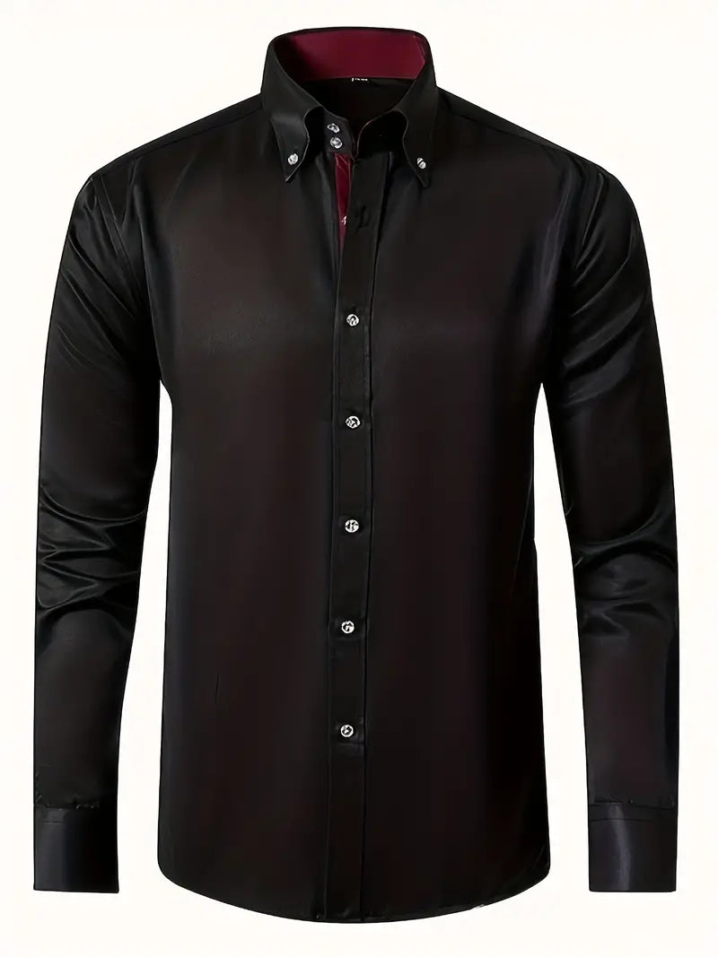 Button-Down Slim Fit Dress Shirt for men - Long Sleeve Point Collar - Buttoned Cuffs Solid Color - Image 2