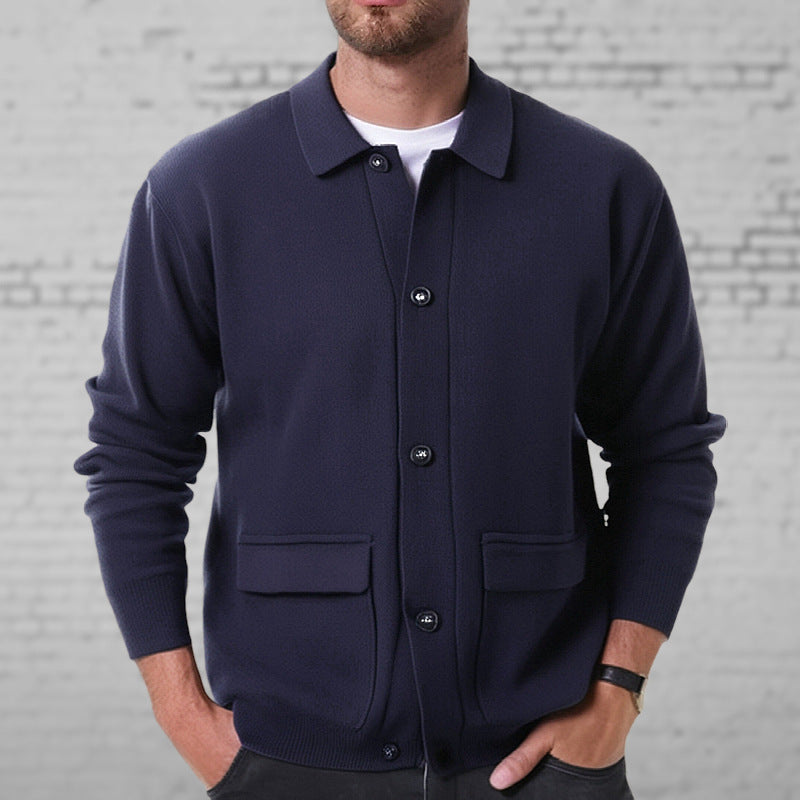 Button-Down Collared Sweater for Men - Patch Pockets - Image 1