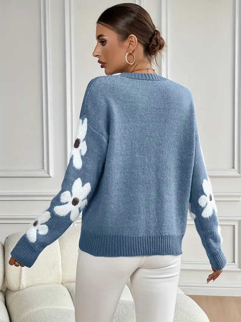 Floral Sleeve Sweater for Women - Crew Neck - Image 4