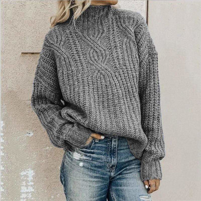 Cable Knit Pullover Sweater for Women - High Neck - Image 1