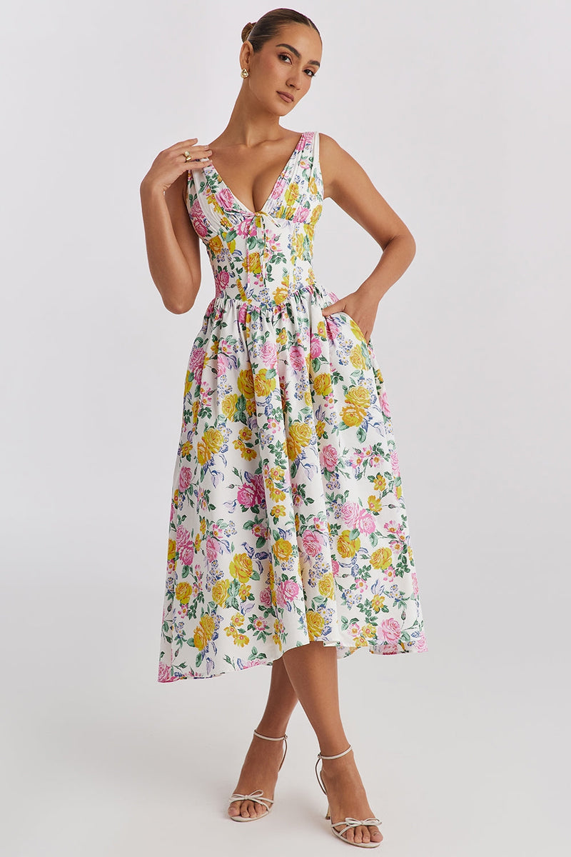 Floral A-Line Midi Dress for Women - V-Neck Pockets - Image 1