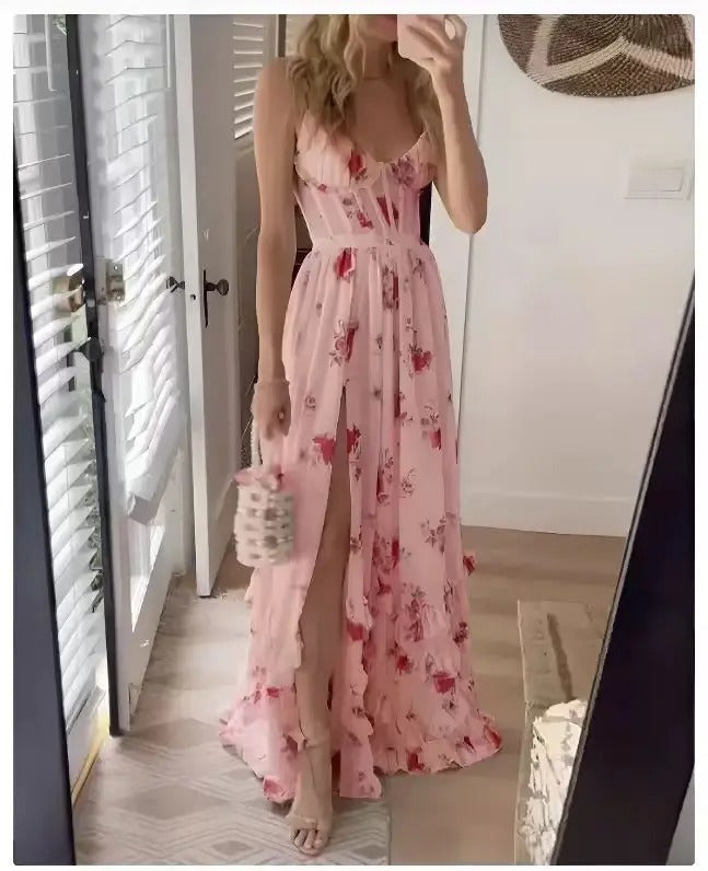 Floral Maxi Dress for Women - Spaghetti Strap Split Thigh - Image 1