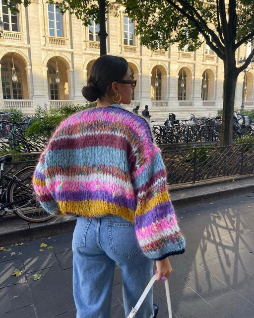 Oversized Chunky Knit Cardigan for women - Cropped Color Block - Geometric Striped Sleeve - Image 2