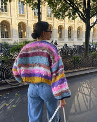 Oversized Chunky Knit Cardigan for women - Cropped Color Block - Geometric Striped Sleeve - Image 2