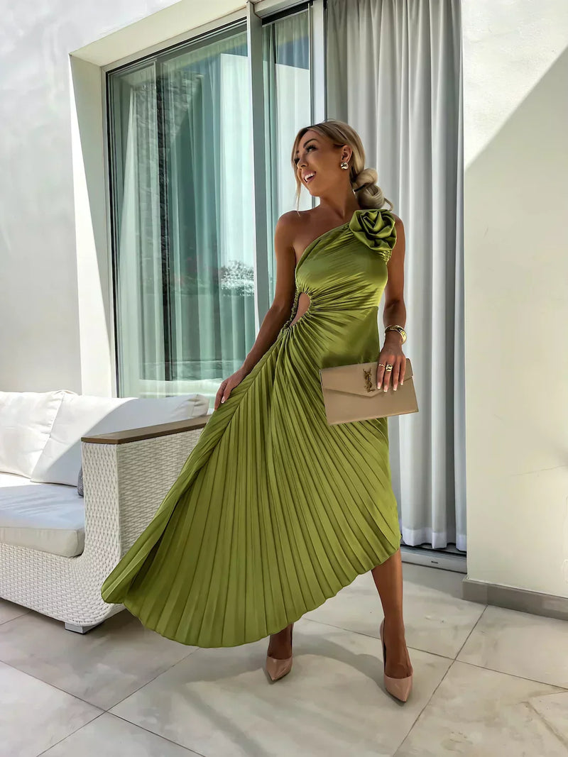 One Shoulder Pleated Midi Dress for Women - Rose Detail A-Line - Image 2