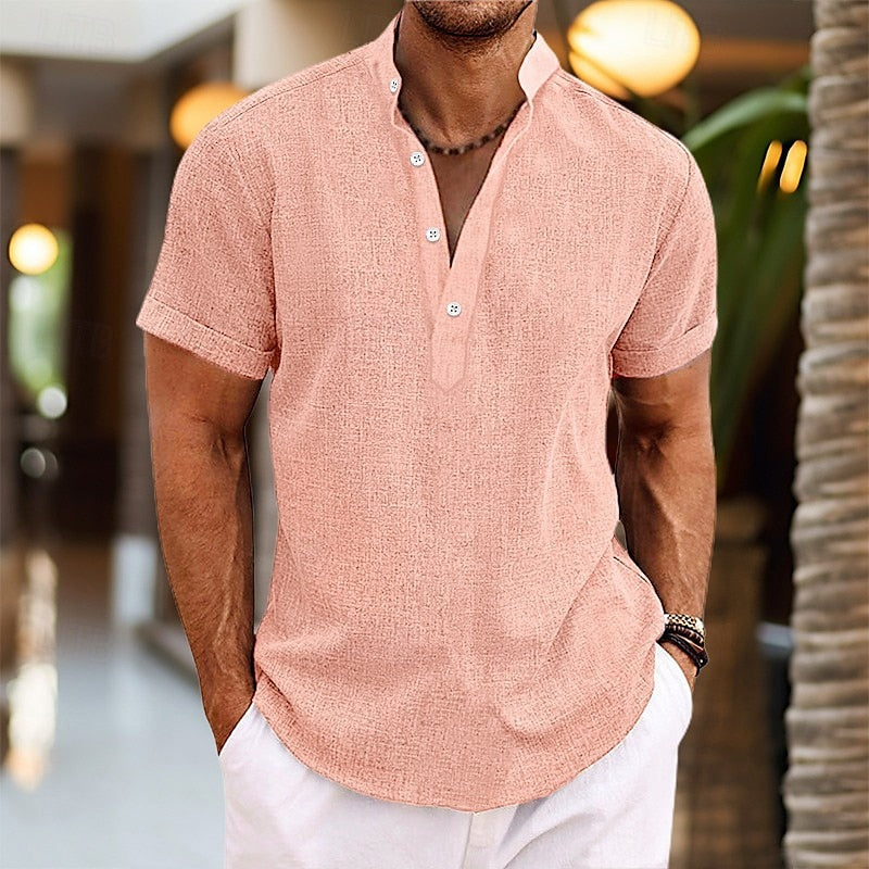 Henley Short Sleeve Shirt for Men - Band Collar Relaxed Fit - Image 1