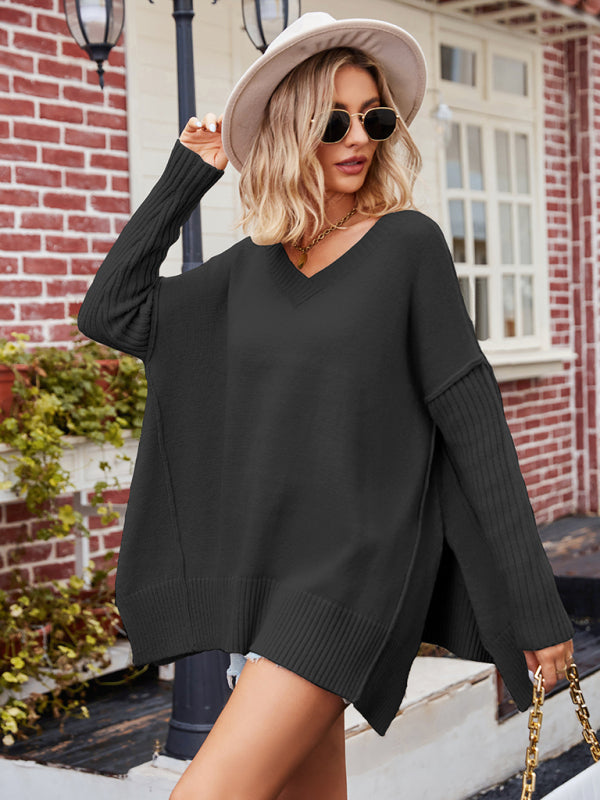 V-Neck Oversized Sweater for Women - Split Hem - Image 14