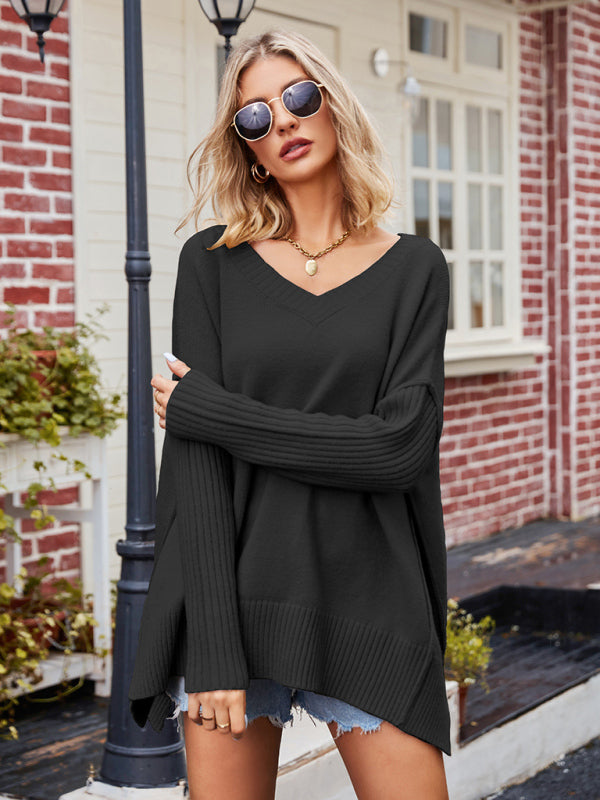 V-Neck Oversized Sweater for Women - Split Hem - Image 9