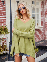 V-Neck Oversized Sweater for Women - Split Hem - Image 1