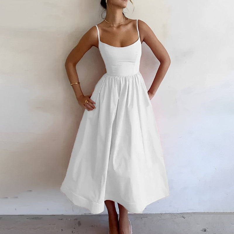 Spaghetti Strap A-Line Midi Dress for Women - Gathered Waist Fit and Flare - Image 1