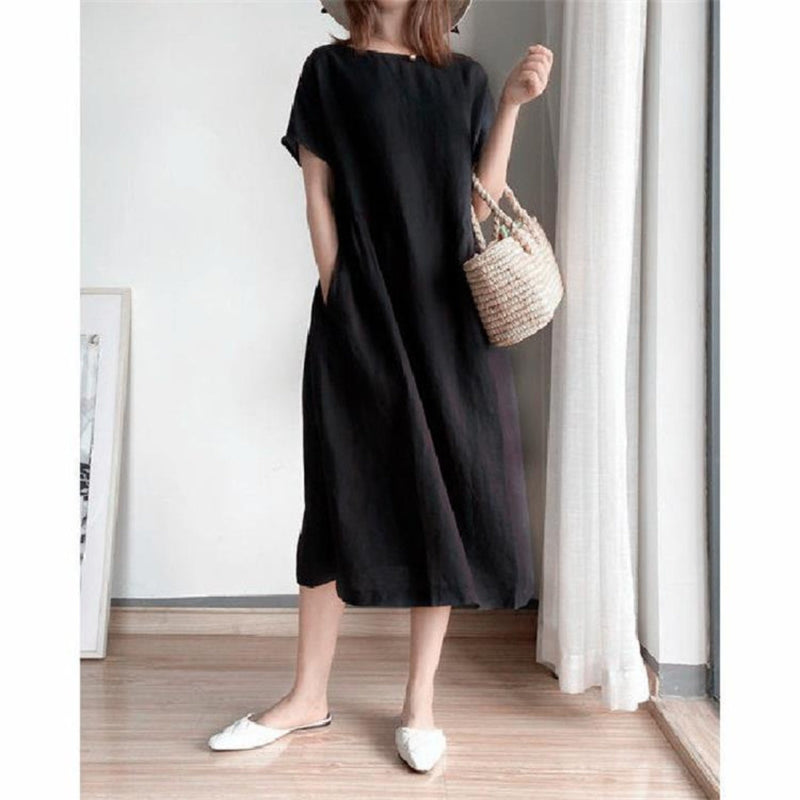 Shift Midi Dress for women - Short Sleeve Round Neck - Loose Fit A-Line - Pockets - Image 1