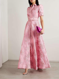 Belted Shirt A-Line Maxi Dress for women - Short Sleeve Collared Puff Sleeve - Embroidered Pockets Evening Dress - Image 5