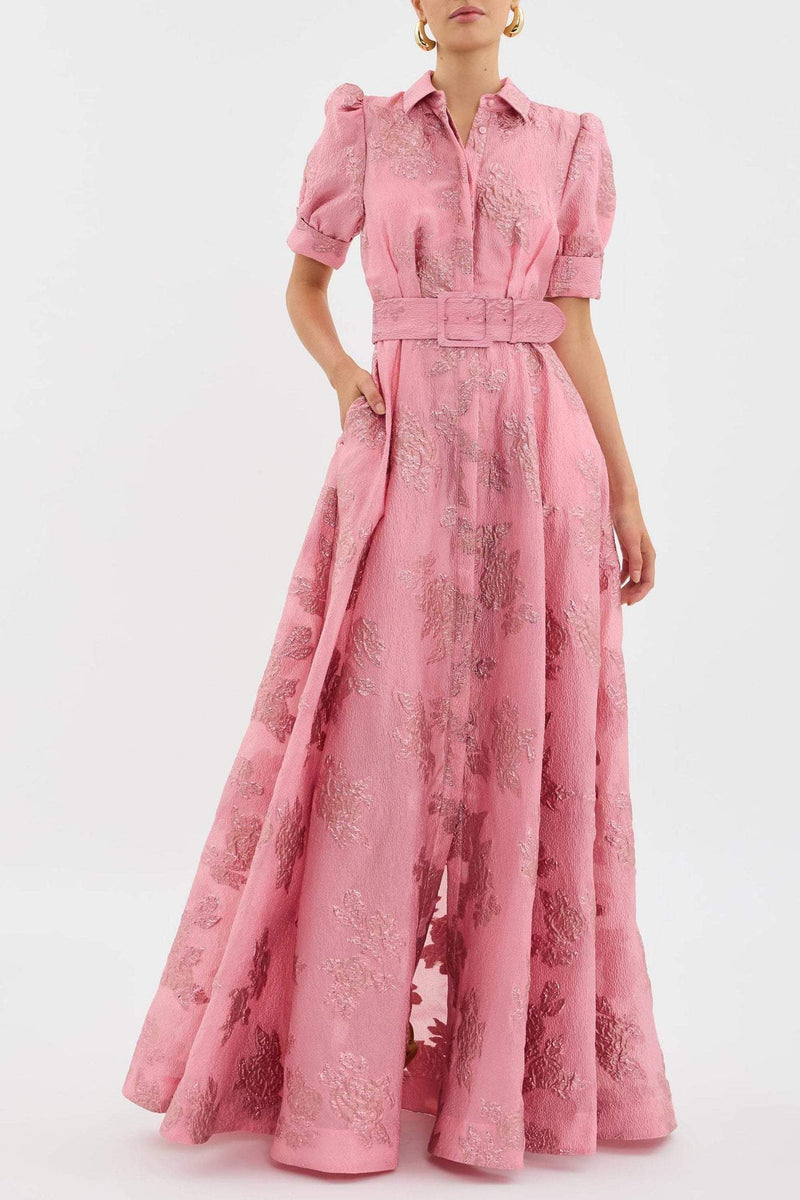Belted Shirt A-Line Maxi Dress for women - Short Sleeve Collared Puff Sleeve - Embroidered Pockets Evening Dress - Image 1