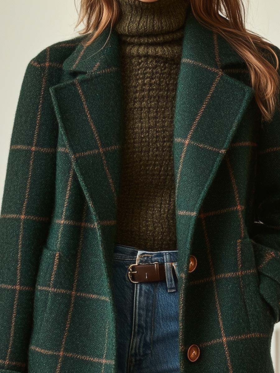 Plaid Coat for Women - Double-Breasted - Image 2