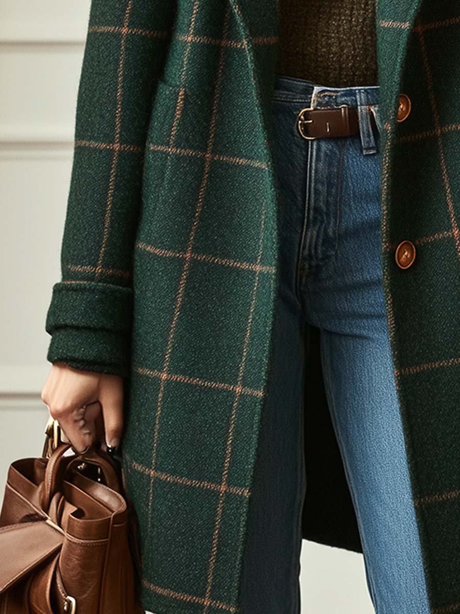 Plaid Coat for Women - Double-Breasted - Image 3