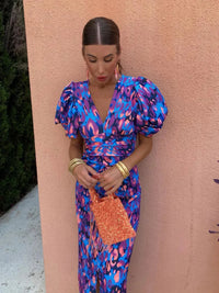 Puff Sleeve Midi Dress for Women - V-Neck Bodycon - Image 3