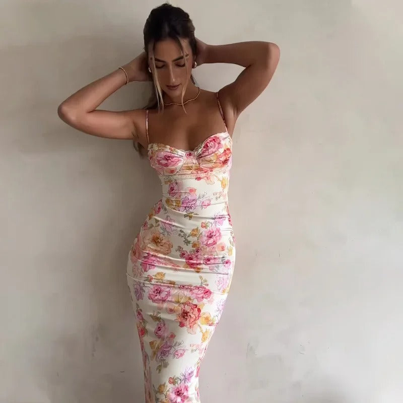 Floral Bodycon Midi Dress for Women - Spaghetti Strap Bustier Top - Image 1