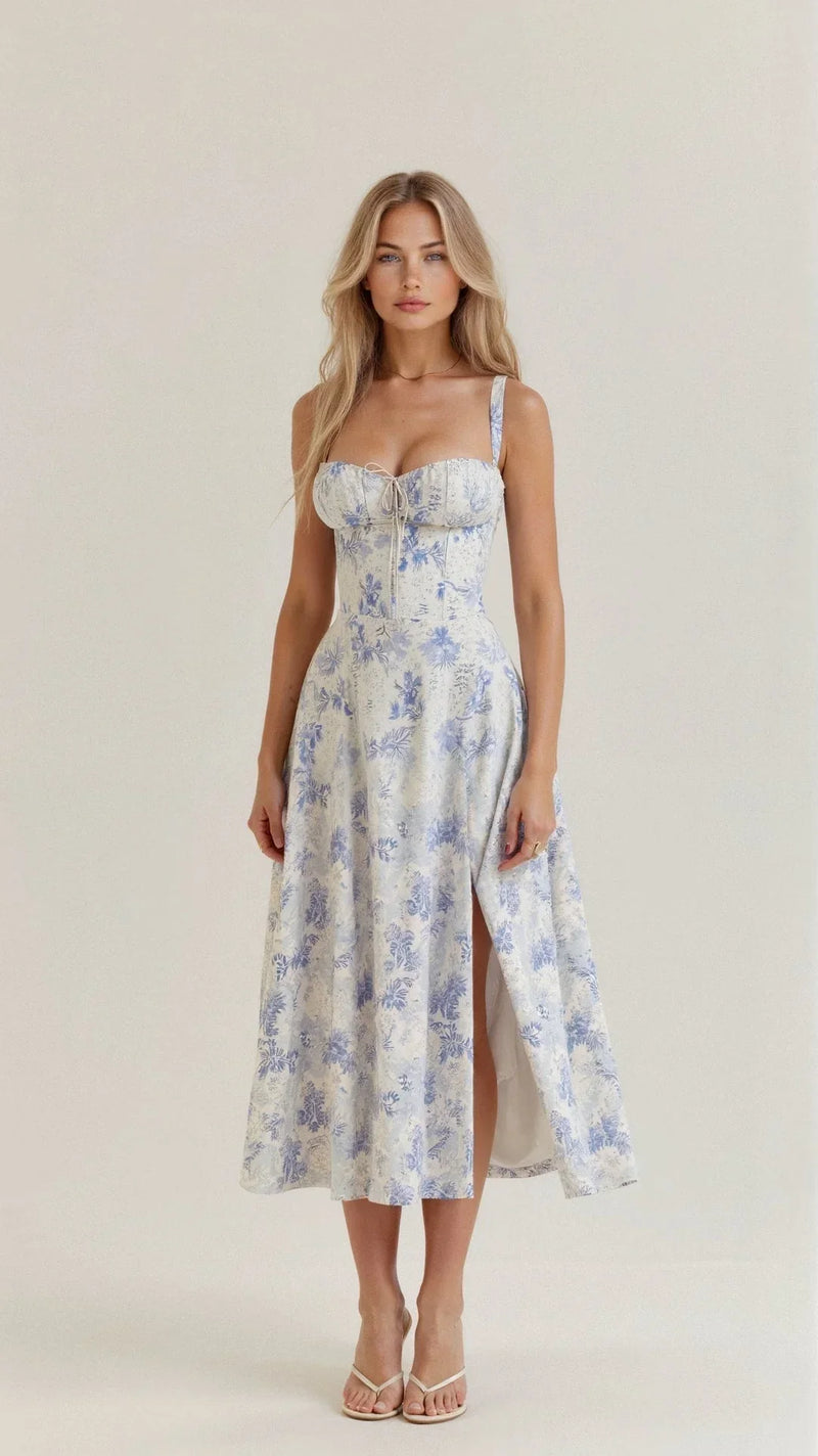Floral A-Line Midi Dress for Women - Spaghetti Strap Slit - Image 1