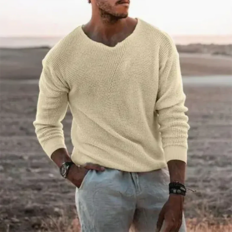 V-Neck Long Sleeve Sweater for Men - Textured Knit - Image 1