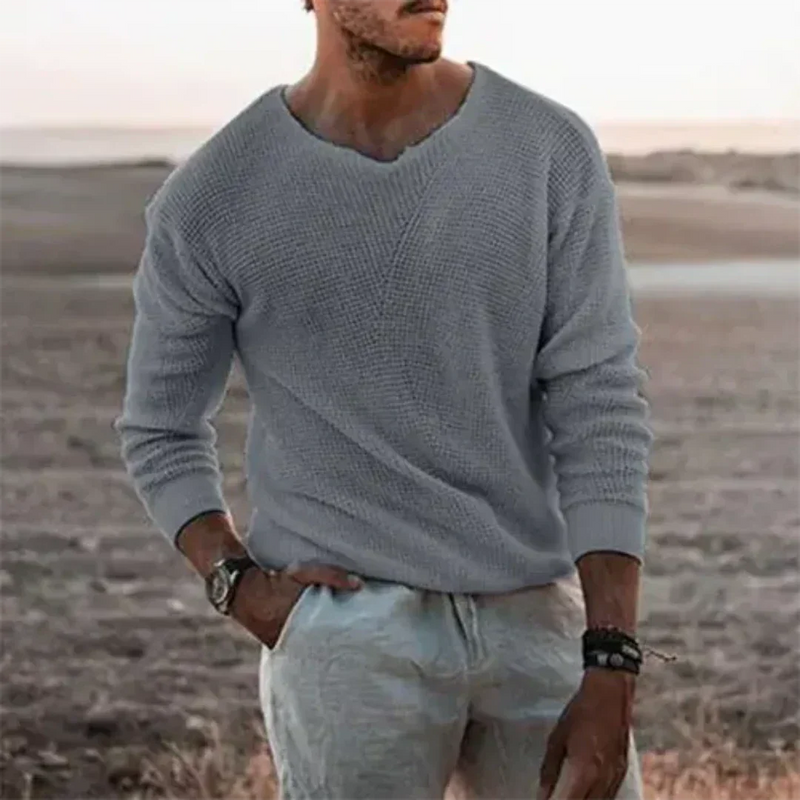 V-Neck Long Sleeve Sweater for Men - Textured Knit - Image 3