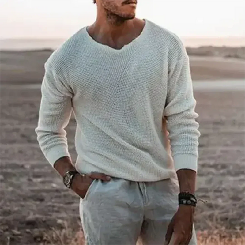 V-Neck Long Sleeve Sweater for Men - Textured Knit - Image 5