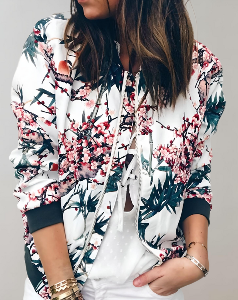 Floral Print Bomber Jacket for women - Zip-Up Long Sleeve - Ribbed Trim - Image 1