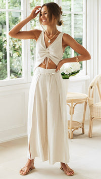 Wide Leg Two-Piece Set for women - Crop Top - Drawstring Waist Side Slit Pants - Image 1