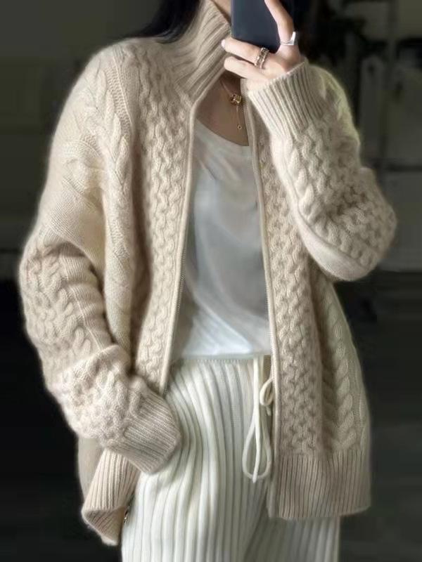 Cable Knit Zip-Up Jacket for Women - Long Sleeve - Image 3