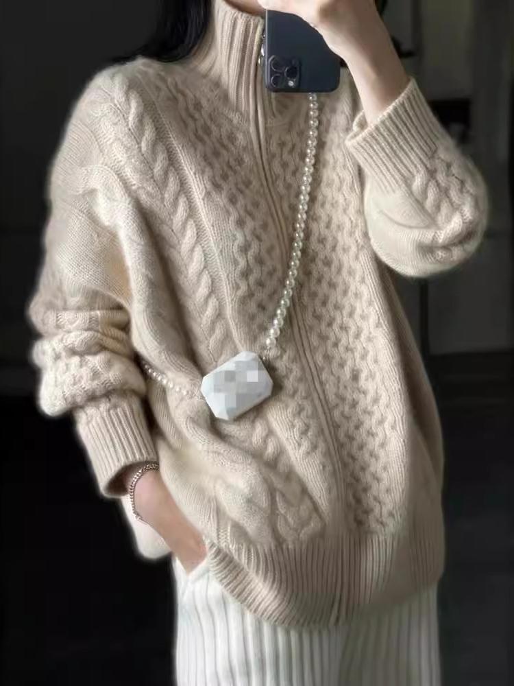 Cable Knit Zip-Up Jacket for Women - Long Sleeve - Image 2