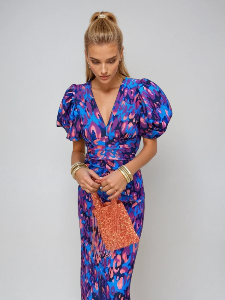 Puff Sleeve Midi Dress for Women - V-Neck Bodycon - Image 1