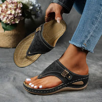 Wedge Thong Sandals for women - Comfort Adjustable Buckle Strap - Laser Cut Ankle Strap - Image 4
