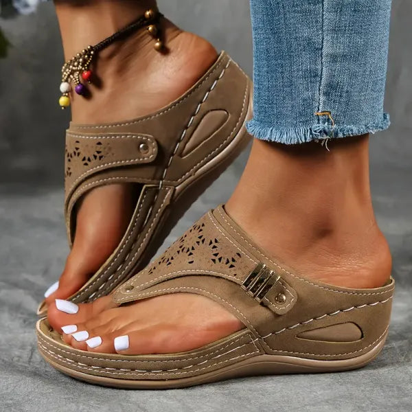 Wedge Thong Sandals for women - Comfort Adjustable Buckle Strap - Laser Cut Ankle Strap - Image 1