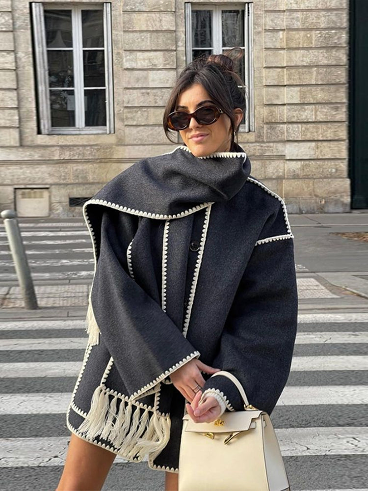 Oversized Fringe Coat for Women - Shawl Collar - Image 1