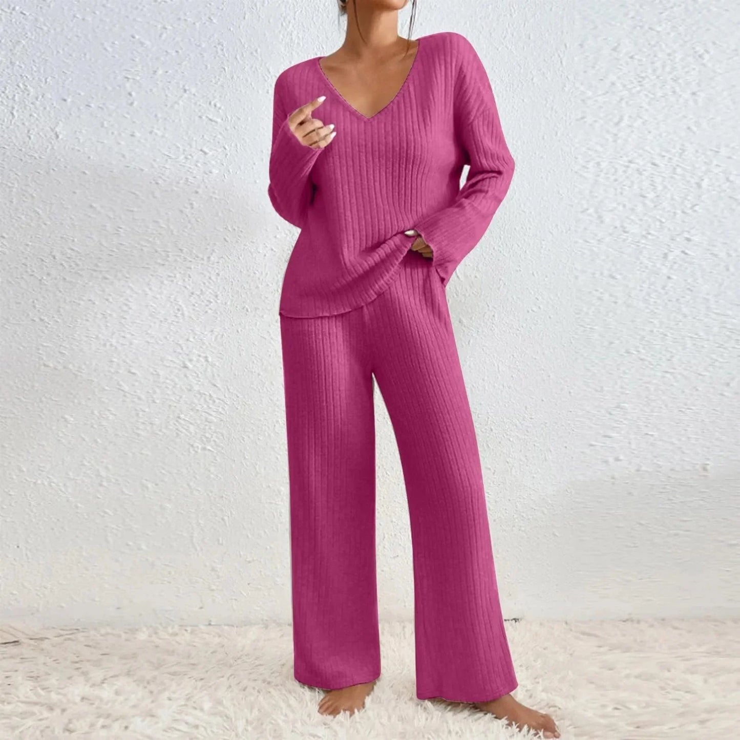 Knit Loungewear Set for Women - Wide Leg Pants - Image 12