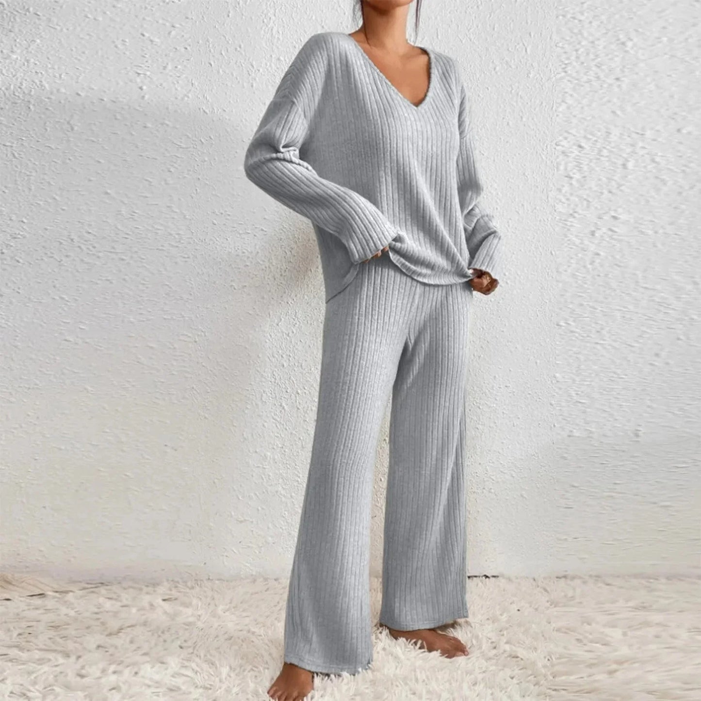 Knit Loungewear Set for Women - Wide Leg Pants - Image 13
